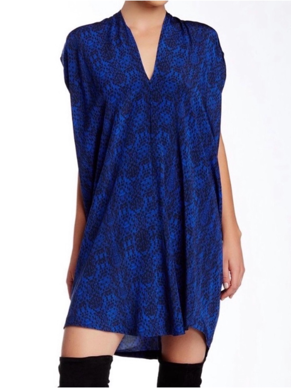 Vince Royal Blue and Black Printed V-Neck Dress